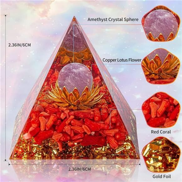 Orgone Pyramid Healing Stone - Amethyst Crystal Sphere Red Coral - Picture 4 of 10